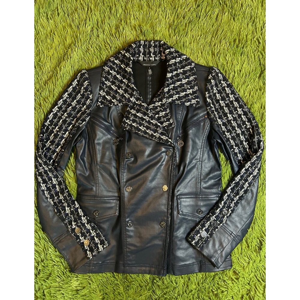 White House Black Market Jacket Women Size 6 Navy Mixed Tweed Moto Double Breast